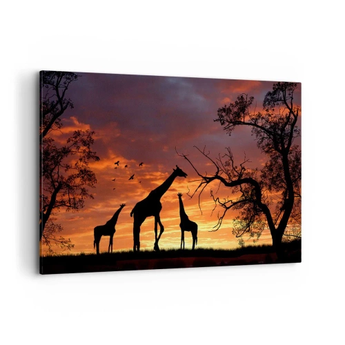 Cuadro sobre lienzo - Impresión de Imagen - Siluetas de jirafas con el atardecer africano como telón de fondo - 120x80cm - Una pequeña cena con tus seres queridos - Decoración de pared moderna para salón y dormitorio ARTTOR