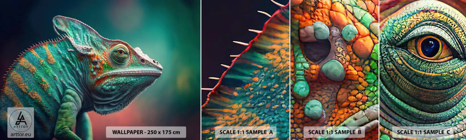 Muestra de fotomural autoadhesivo Deluxe Sticker - ¿Puedes verme? No está bien... - Camaleón, animales, Reptil - 100x30 cm