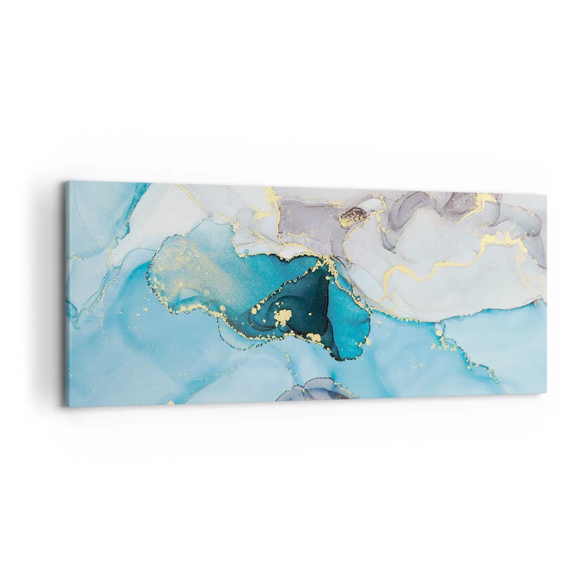 Cuadro sobre lienzo - Impresión de Imagen - Abstracción en tonos azules y dorados con líneas sutiles. - 120x50cm - Un estudio del encuentro entre el gris y el turquesa - Decoración de pared moderna para salón y dormitorio ARTTOR
