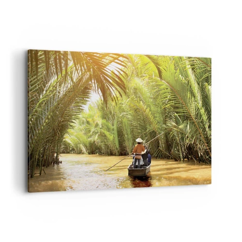 Cuadro sobre lienzo - Impresión de Imagen - Un barco en un río rodeado de vegetación tropical. - 120x80cm - En un túnel de palmeras - Decoración de pared moderna para salón y dormitorio ARTTOR