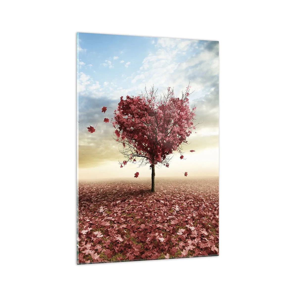 Cuadro sobre vidrio - Impresiones sobre Vidrio - Un árbol solitario en forma de corazón en un campo de hojas rojas. - 70x100cm - Amor de otoño - Decoración de pared moderna para salón y dormitorio ARTTOR