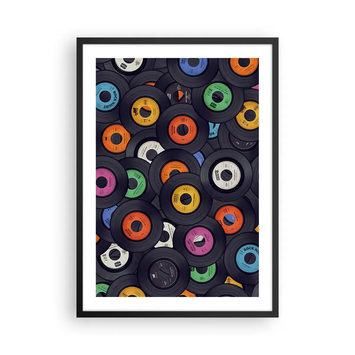 Póster en marco negro - Una colección de discos de vinilo coloridos. - 50x70cm - Colores de los clásicos - Decoración de pared moderna para salón y dormitorio ARTTOR