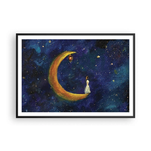 Póster en marco negro - Una niña parada en la luna en un cielo estrellado. - 100x70cm - La llamada de la Luna - Decoración de pared moderna para salón y dormitorio ARTTOR