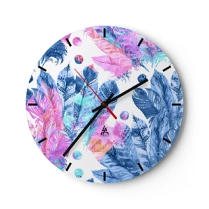 Reloj de pared - Reloj de vidrio - Plumas de colores en estilo acuarela - 30x30cm - Plumas de color rosa y azul - Decoración de pared moderna para salón, cocina y dormitorio ARTTOR