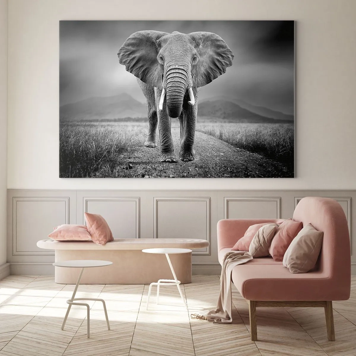 Cuadro sobre vidrio - Impresiones sobre Vidrio - Elefante en la sabana en blanco y negro - 120x80cm - El anfitrión da la bienvenida - Decoración de pared moderna para salón y dormitorio ARTTOR