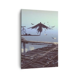 Cuadro sobre lienzo - Impresión de Imagen - Una figura con plumas flota sobre un puente de madera al lado de una bicicleta. - 70x100cm - Ícaro eternamente vivo - Decoración de pared moderna para salón y dormitorio ARTTOR