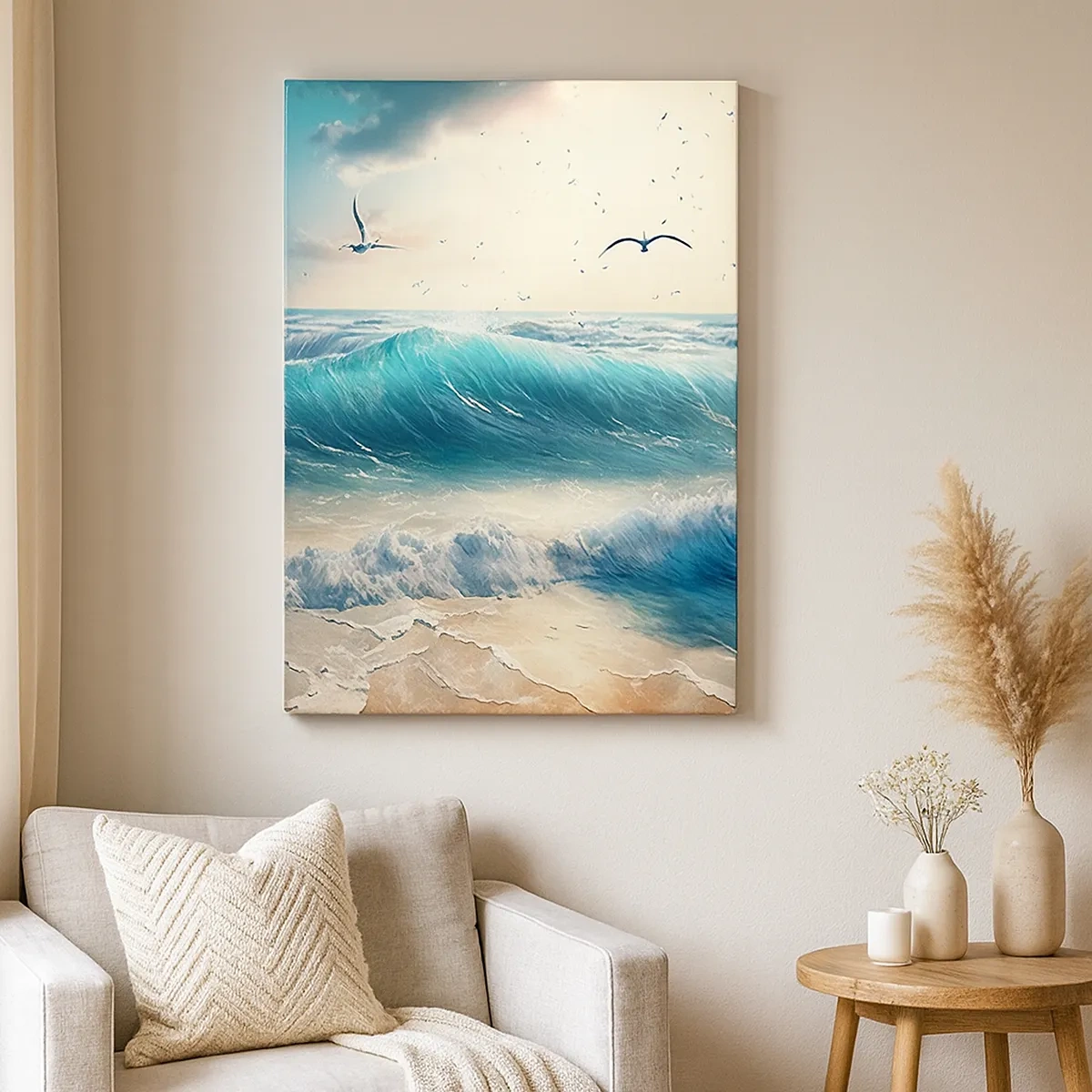 Cuadro sobre lienzo - Impresión de Imagen - Olas del mar en la playa bajo un cielo azul con gaviotas - 50x70cm - La brisa solo para ti - Decoración de pared moderna para salón y dormitorio ARTTOR