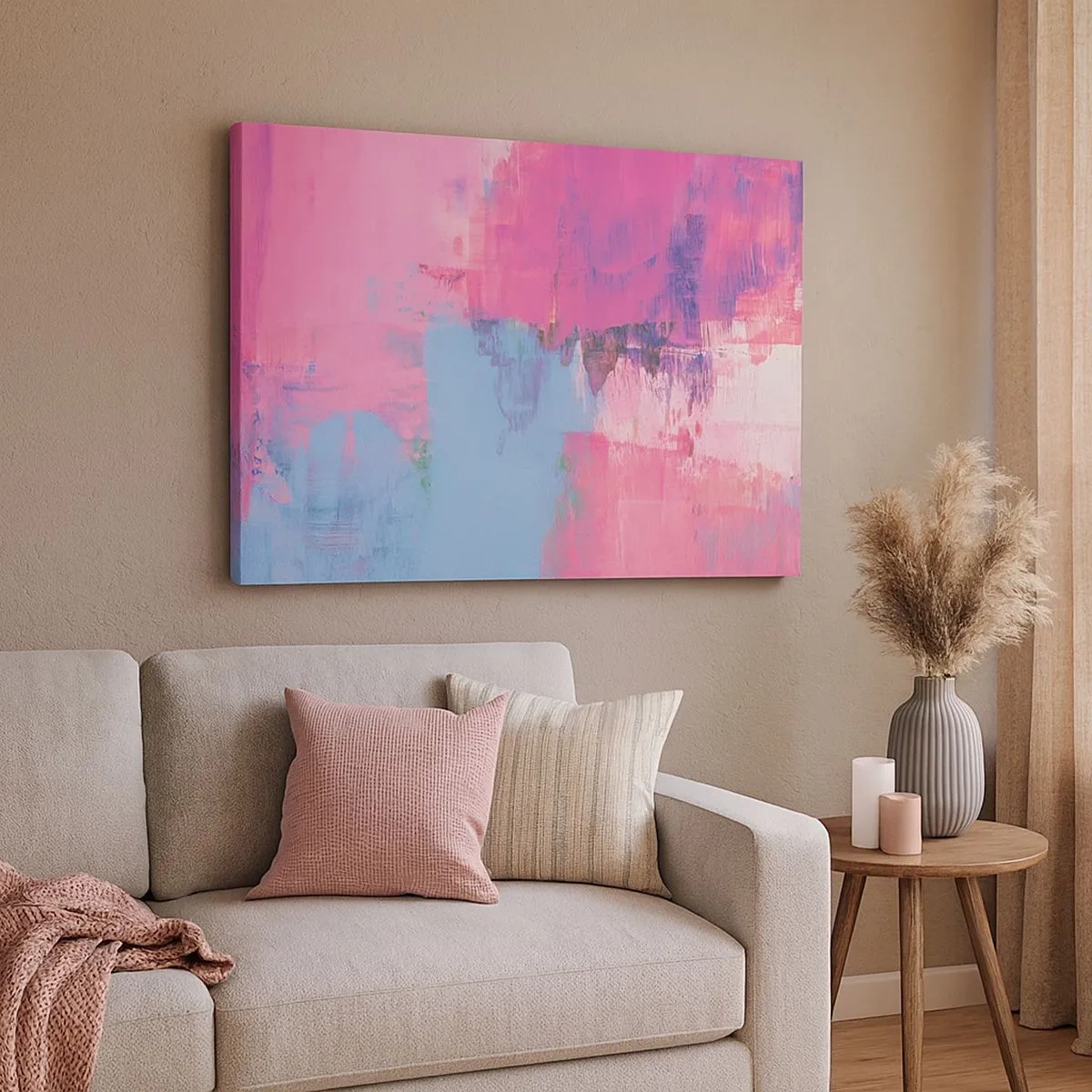 Cuadro sobre lienzo - Impresión de Imagen - Composición abstracta en rosa y azul. - 70x50cm - Rosa, azul y una pizca de luz - Decoración de pared moderna para salón y dormitorio ARTTOR