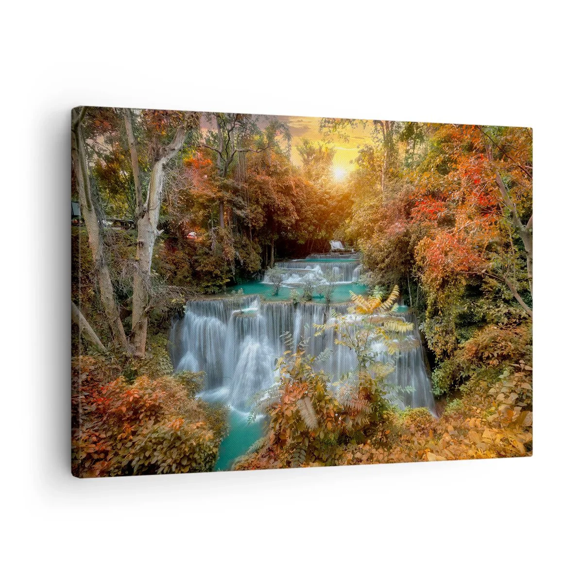 Cuadro sobre lienzo - Impresión de Imagen - Cascada de otoño rodeada de árboles coloridos a la luz del sol. - 70x50cm - El tesoro escondido del bosque - Decoración de pared moderna para salón y dormitorio ARTTOR