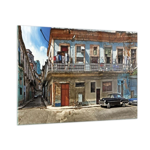 Cuadro sobre vidrio - Impresiones sobre Vidrio - Calle retro con edificios clásicos y un coche. - 100x70cm - Ambiente hawaiano - Decoración de pared moderna para salón y dormitorio ARTTOR
