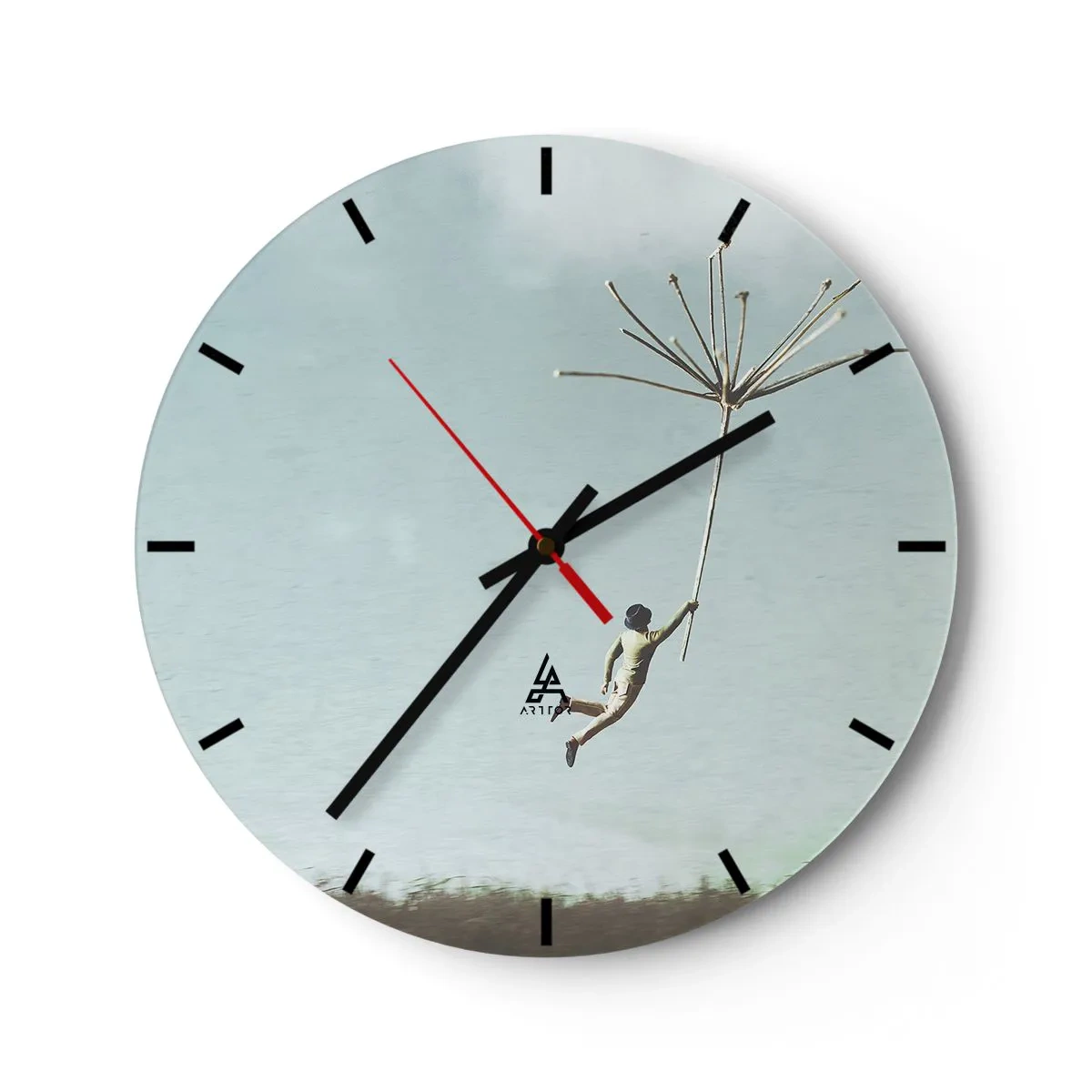 Reloj de pared - Reloj de vidrio - Una figura flotando en el aire sosteniendo un diente de león gigante. - 30x30cm - Bailando con la brisa - Decoración de pared moderna para salón, cocina y dormitorio ARTTOR