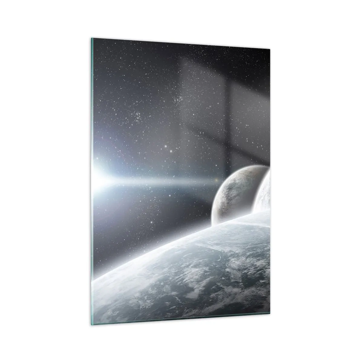 Cuadro sobre vidrio - Impresiones sobre Vidrio - Planetas en el espacio exterior con un rayo de luz. - 50x70cm - Música cósmica de las esferas - Decoración de pared moderna para salón y dormitorio ARTTOR