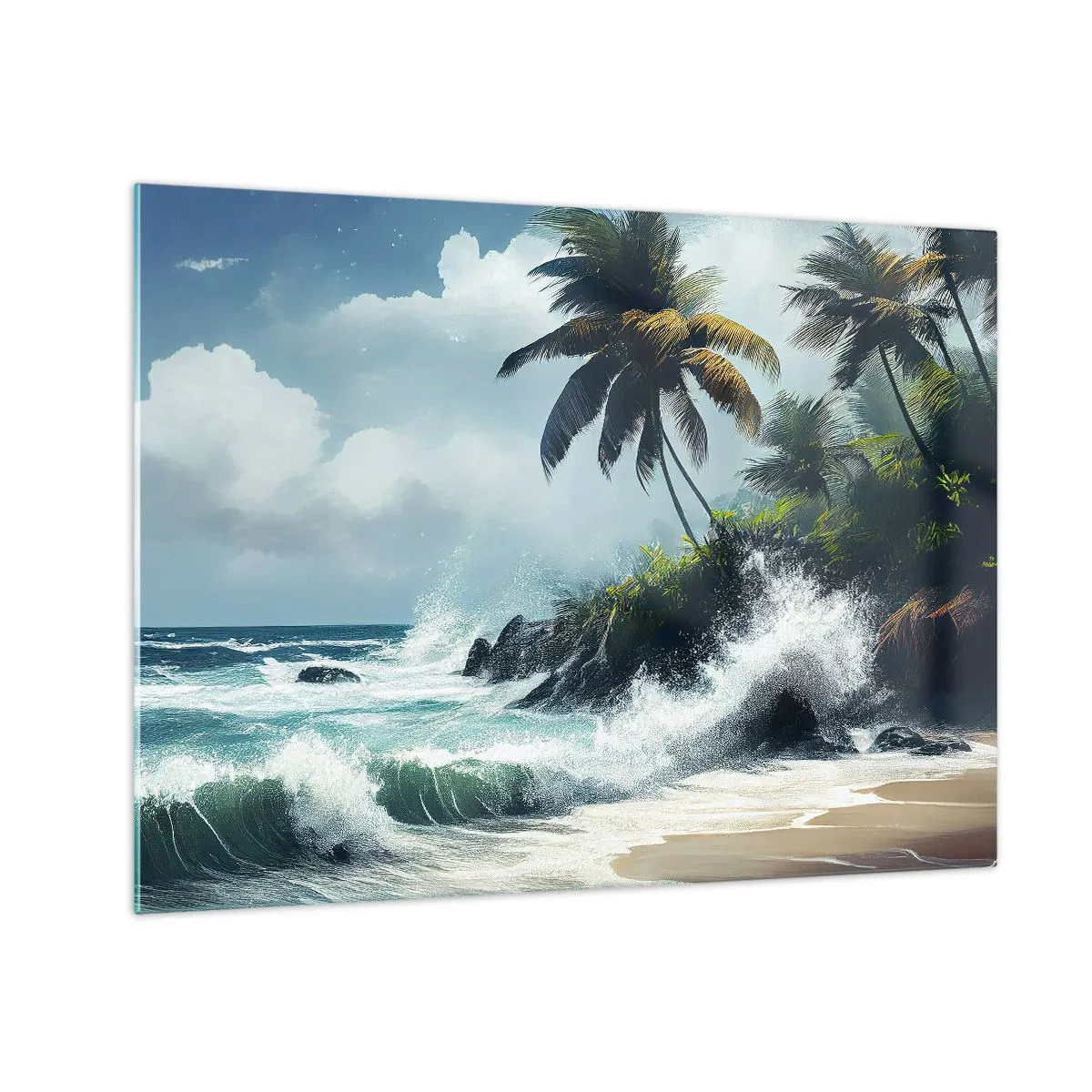 Cuadro sobre vidrio - Impresiones sobre Vidrio - Olas rompiendo contra las rocas junto a las palmeras en una playa tropical - 70x50cm - En una costa tropical - Decoración de pared moderna para salón y dormitorio ARTTOR