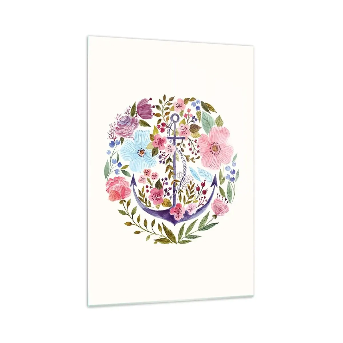 Cuadro sobre vidrio - Impresiones sobre Vidrio - Un ancla rodeada de flores de acuarela sobre un fondo claro. - 70x100cm - El sueño reparador de un marinero - Decoración de pared moderna para salón y dormitorio ARTTOR