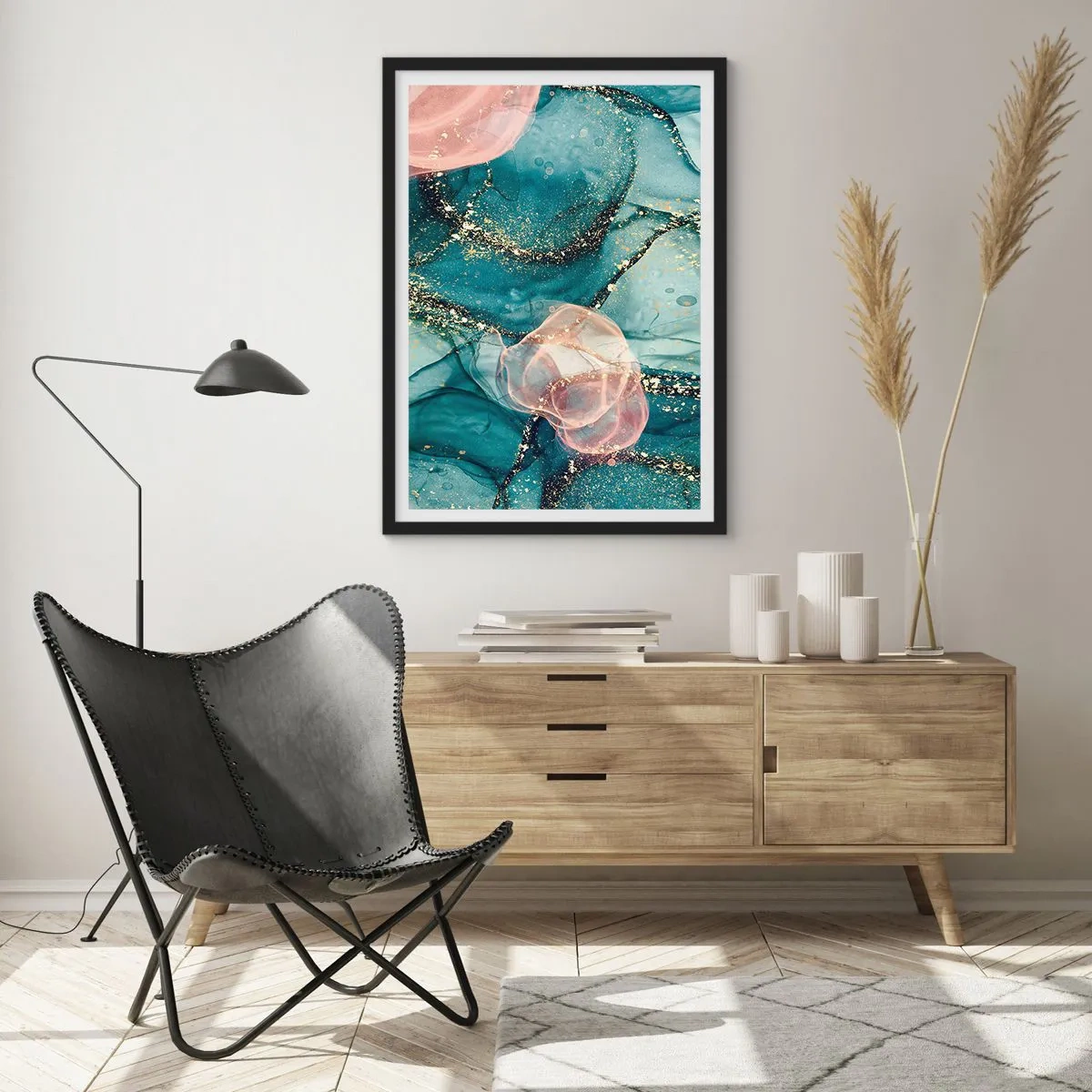 Póster en marco negro - Una composición abstracta en tonos turquesa y dorado. - 50x70cm - Seda azul, tul rosa - Decoración de pared moderna para salón y dormitorio ARTTOR
