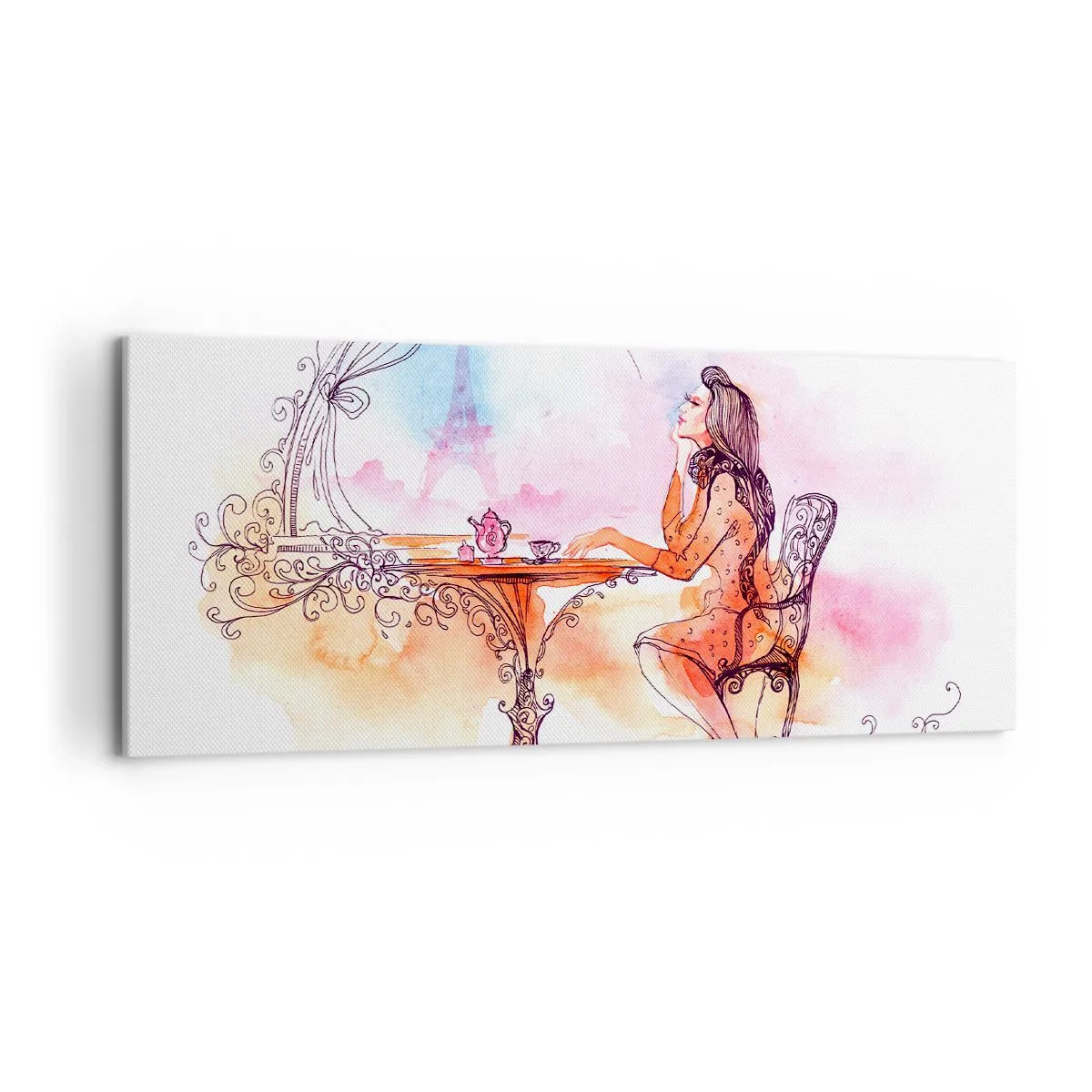 Cuadro sobre lienzo - Impresión de Imagen - Acuarela romántica de una mujer en un café con vistas a una torre. - 120x50cm - Estilo parisino - Decoración de pared moderna para salón y dormitorio ARTTOR