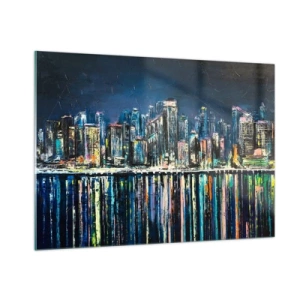 Cuadro sobre vidrio - Impresiones sobre Vidrio - Panorama de la ciudad de noche con las luces reflejadas en el agua. - 100x70cm - Una cascada de luces - Decoración de pared moderna para salón y dormitorio ARTTOR