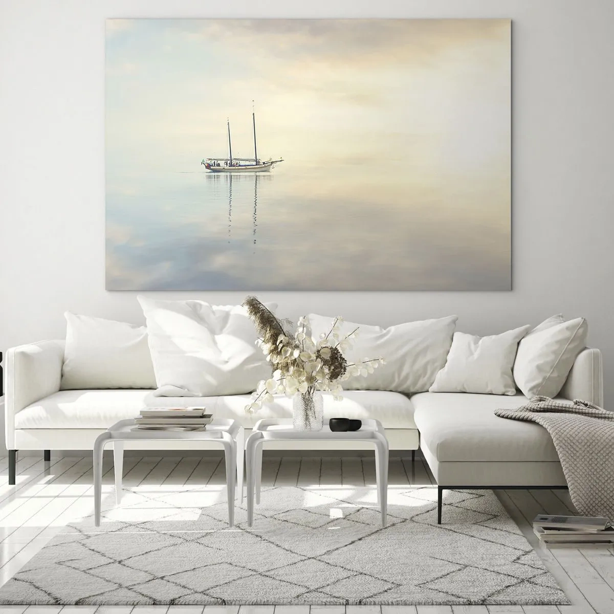 Cuadro sobre vidrio - Impresiones sobre Vidrio - Un velero a la deriva en un mar tranquilo al amanecer. - 70x50cm - En un mar de silencio - Decoración de pared moderna para salón y dormitorio ARTTOR