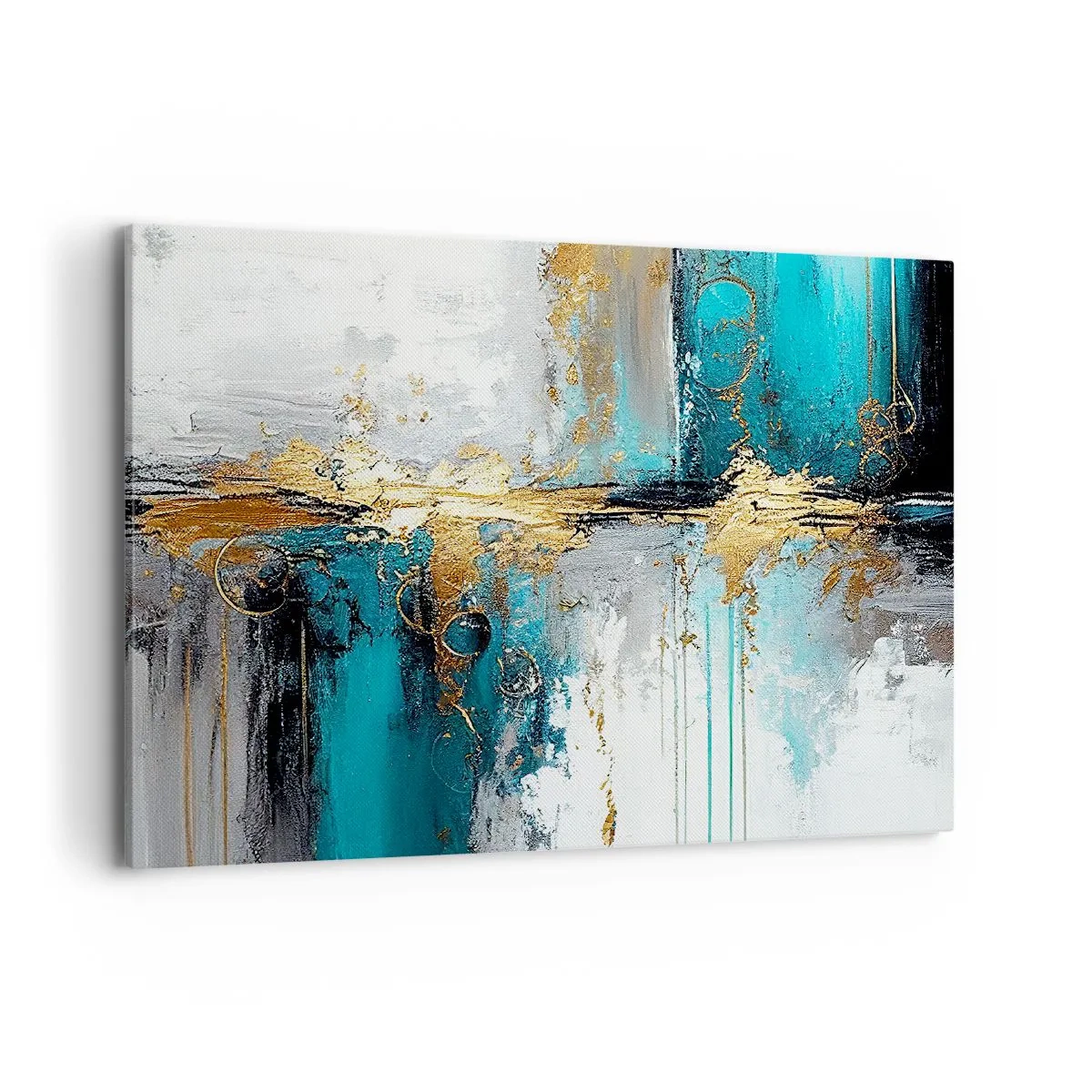 Cuadro sobre lienzo - Impresión de Imagen - Una composición abstracta con acentos turquesa y dorado. - 100x70cm - Todo fluye - Decoración de pared moderna para salón y dormitorio ARTTOR