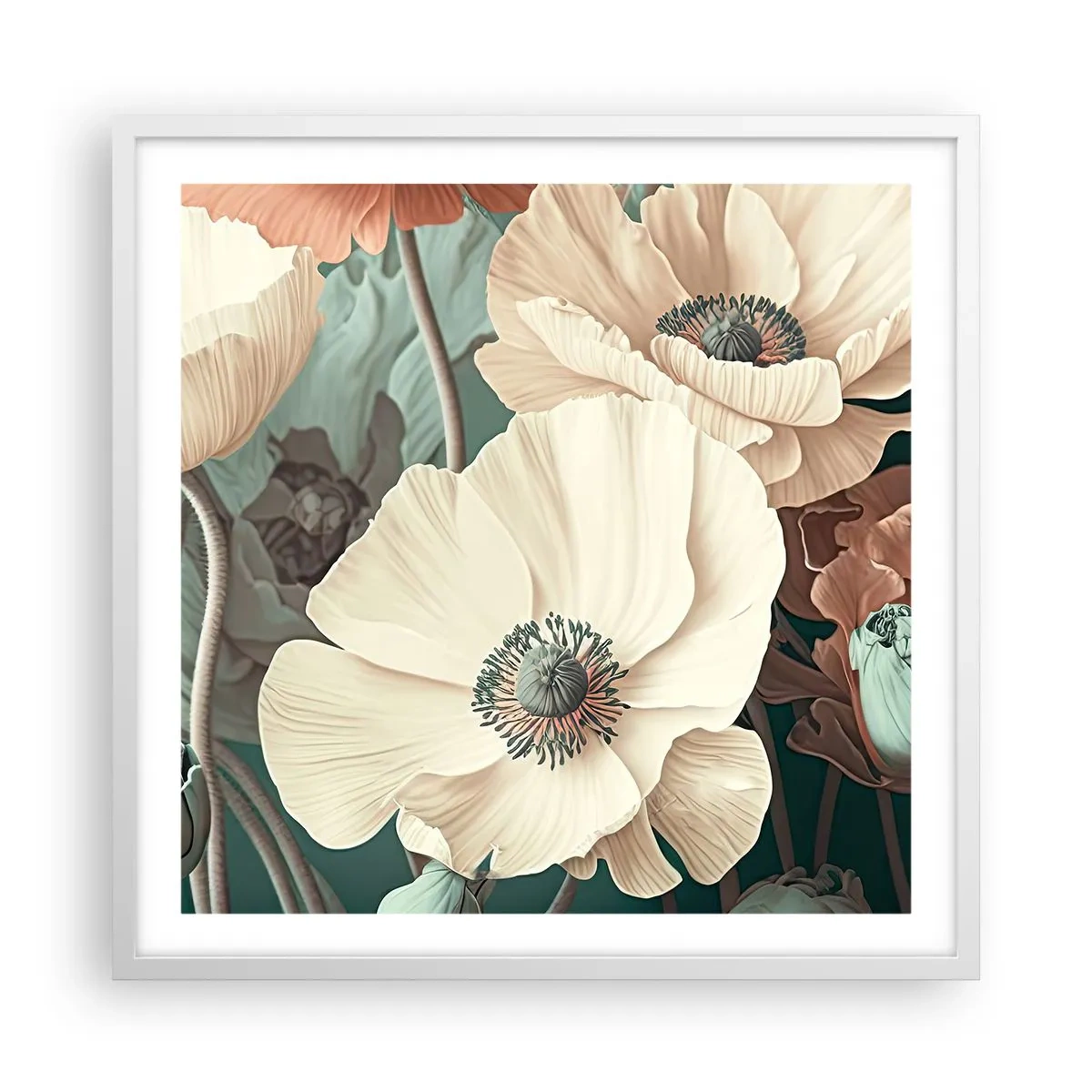 Póster en marco blanco - Susurro de amapolas - 60x60 cm