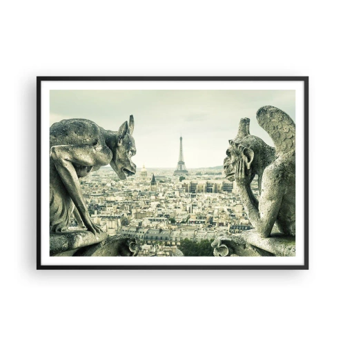 Póster en marco negro - Gárgolas con vistas al horizonte de París y a la Torre Eiffel - 100x70cm - Charlas parisinas - Decoración de pared moderna para salón y dormitorio ARTTOR