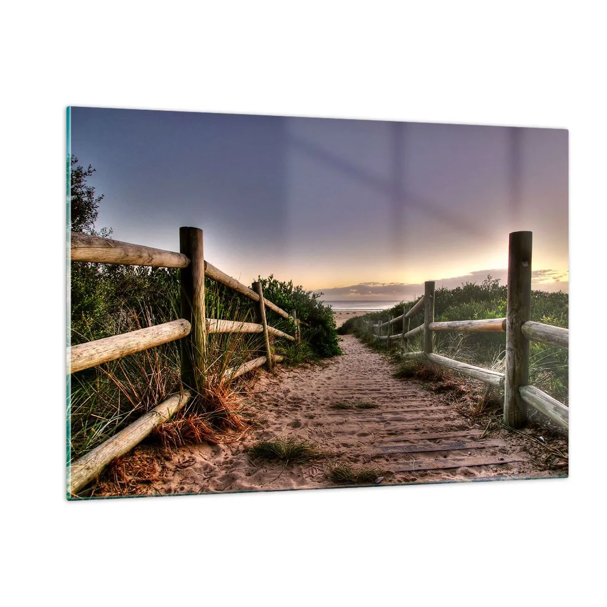 Cuadro sobre vidrio - Impresiones sobre Vidrio - Camino a la playa al atardecer - 120x80cm - Objetivo a la vista - Decoración de pared moderna para salón y dormitorio ARTTOR
