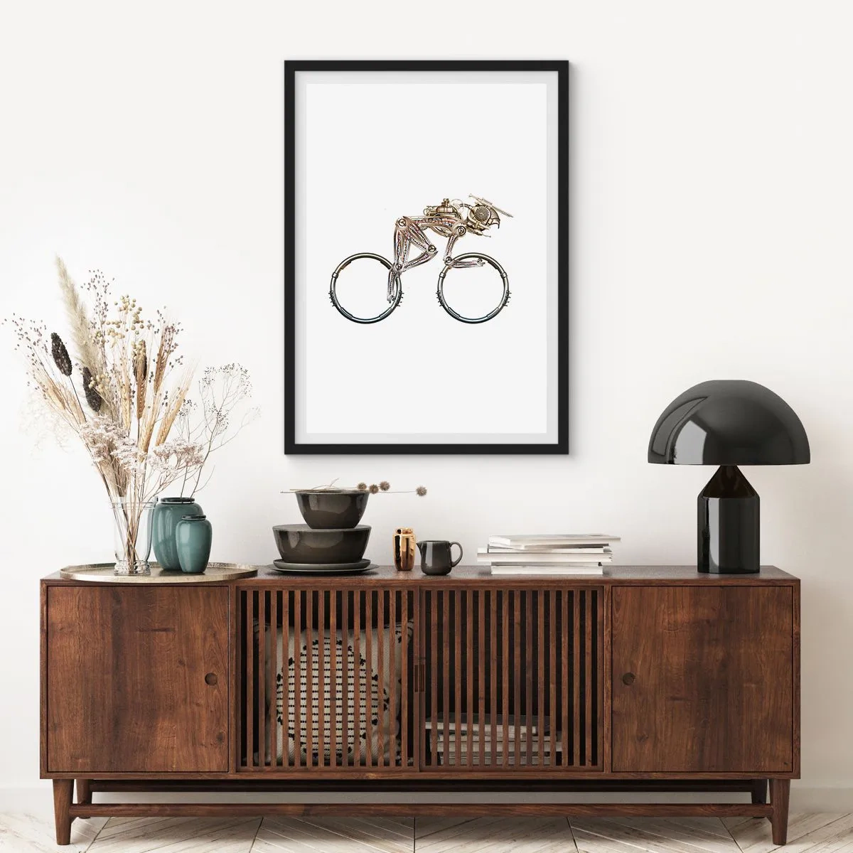 Póster en marco negro - Una bicicleta hecha de piezas de metal. - 50x70cm - Una magnífica máquina - Decoración de pared moderna para salón y dormitorio ARTTOR