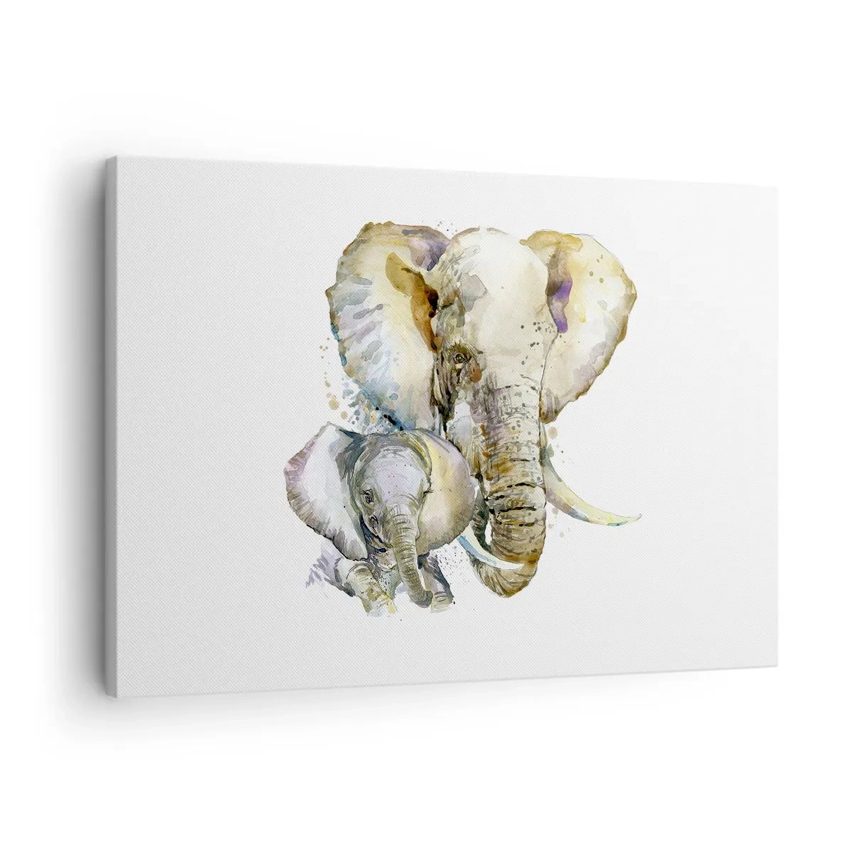 Cuadro sobre lienzo - Impresión de Imagen - Elefantes de acuarela en colores sutiles. - 70x50cm - Con nadie como con la madre - Decoración de pared moderna para salón y dormitorio ARTTOR