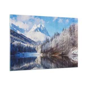 Cuadro sobre vidrio - Impresiones sobre Vidrio - Paisaje invernal con montañas y un lago congelado. - 100x70cm - Guardia de nieve - Decoración de pared moderna para salón y dormitorio ARTTOR