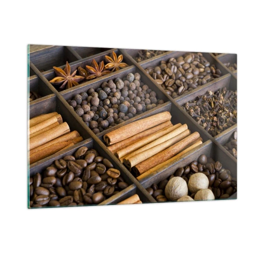 Cuadro sobre vidrio - Impresiones sobre Vidrio - Especias en compartimentos de madera - 120x80cm - Un tesoro de aromas - Decoración de pared moderna para salón y dormitorio ARTTOR