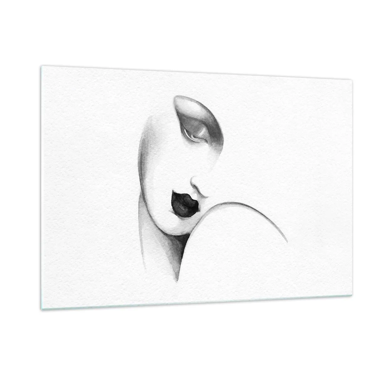 Cuadro sobre vidrio - Impresiones sobre Vidrio - Boceto Art Déco de un rostro de mujer en blanco y negro - 120x80cm - Pensativa - Decoración de pared moderna para salón y dormitorio ARTTOR