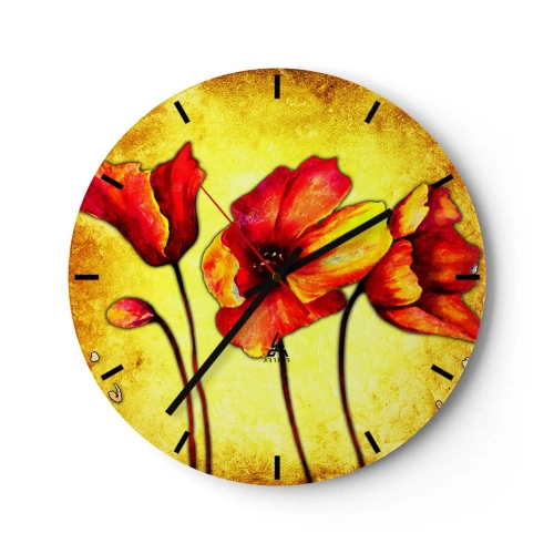 Reloj de pared - Reloj de vidrio - Amapolas rojas sobre un fondo de tonos amarillos cálidos. - 30x30cm - En decoración Art Nouveau - Decoración de pared moderna para salón, cocina y dormitorio ARTTOR