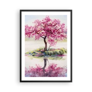 Póster en marco negro - Un cerezo junto a un lago tranquilo - 50x70cm - Una celebración de la primavera - Decoración de pared moderna para salón y dormitorio ARTTOR