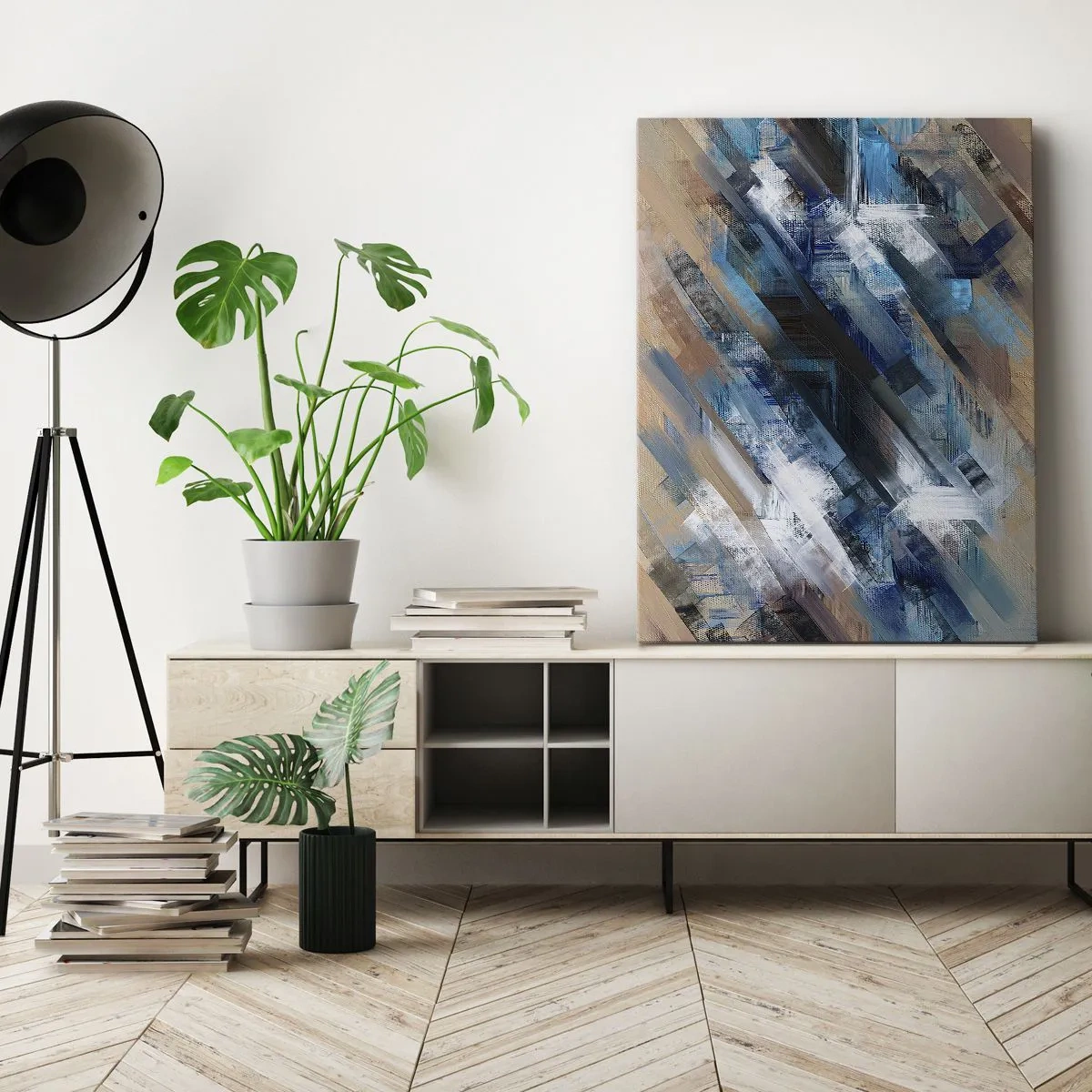 Cuadro sobre lienzo - Impresión de Imagen - Composición abstracta con líneas diagonales azules. - 50x70cm - En una inclinación azul - Decoración de pared moderna para salón y dormitorio ARTTOR