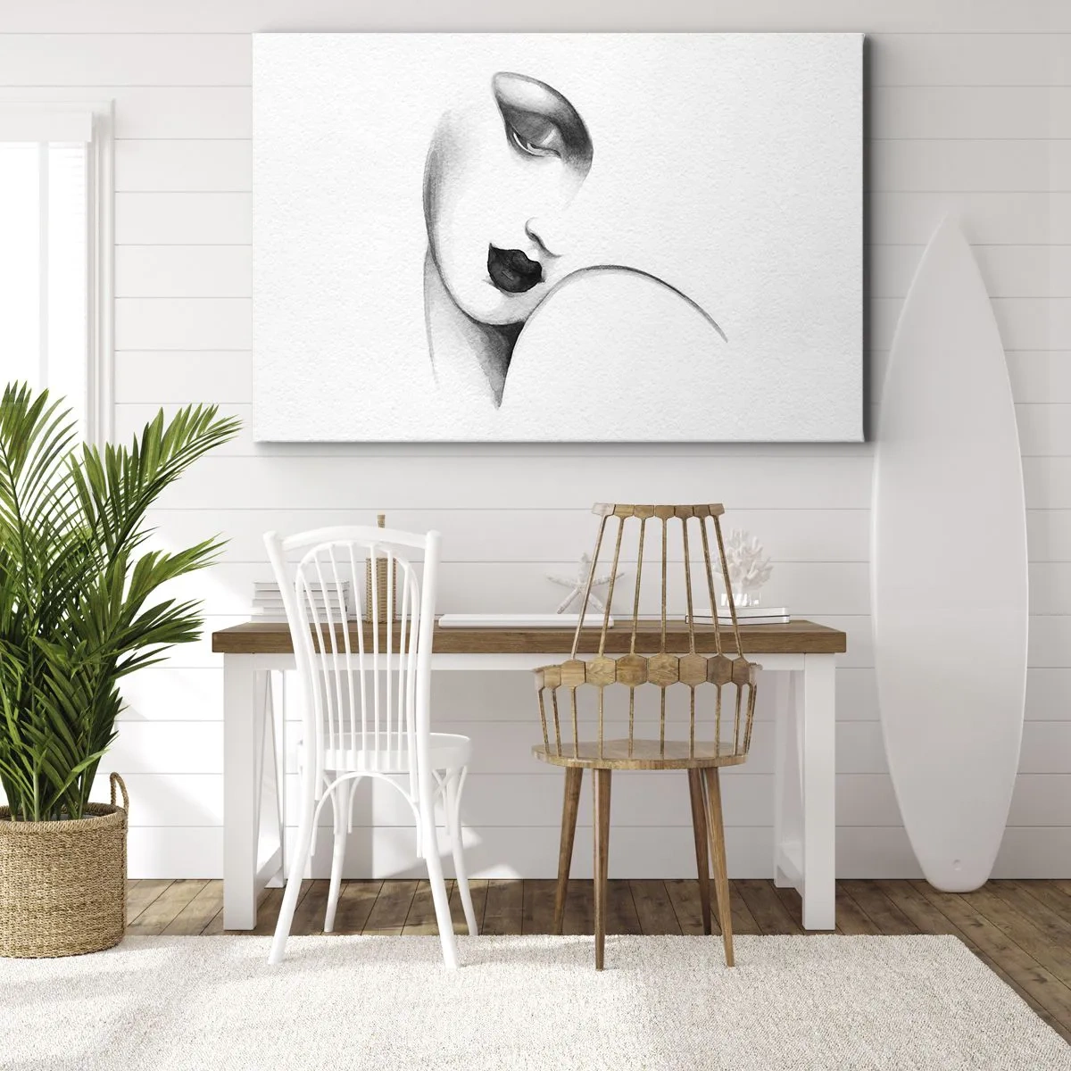 Cuadro sobre lienzo - Impresión de Imagen - Un retrato sutil de una mujer en estilo monocromático. - 70x50cm - Pensativa - Decoración de pared moderna para salón y dormitorio ARTTOR