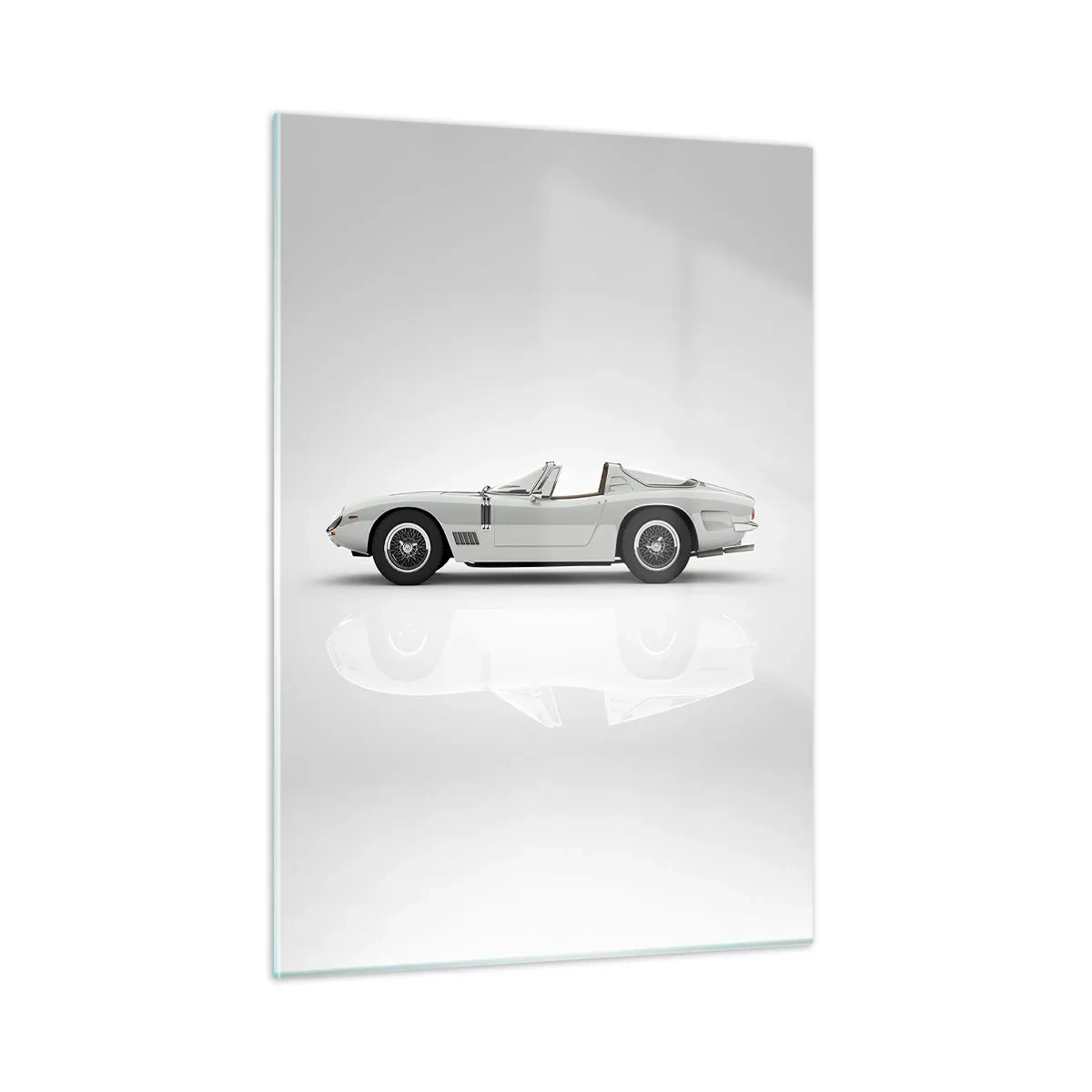 Cuadro sobre vidrio - Impresiones sobre Vidrio - Un clásico convertible blanco sobre un fondo minimalista con reflejos. - 50x70cm - Una promesa de diversión - Decoración de pared moderna para salón y dormitorio ARTTOR