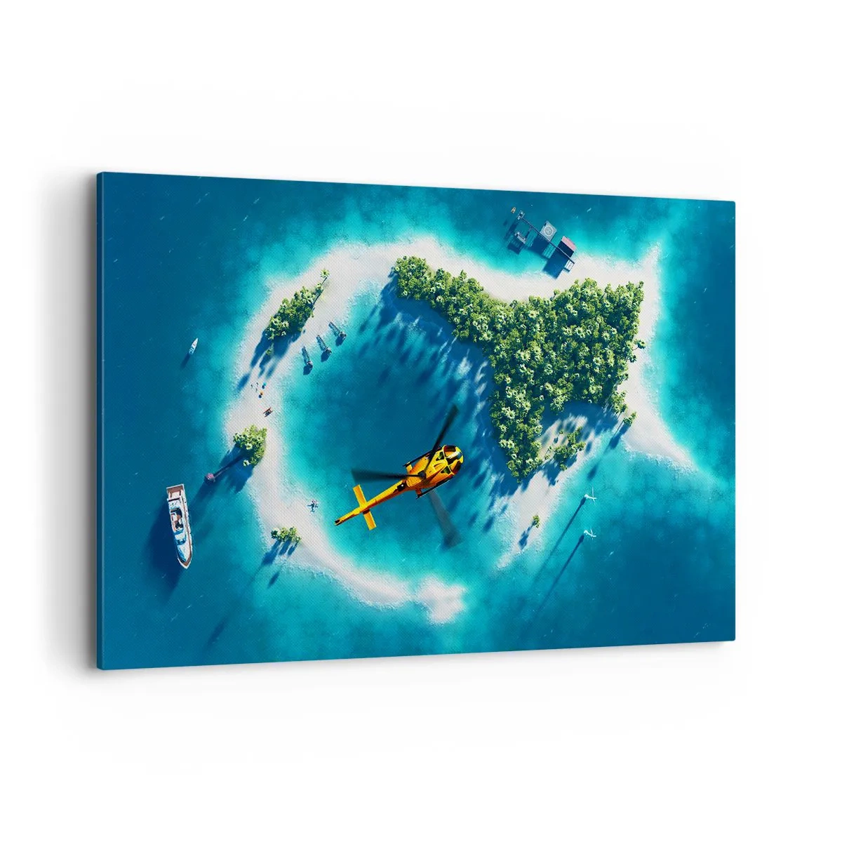 Cuadro sobre lienzo - Impresión de Imagen - Una isla tropical rodeada de agua turquesa con un helicóptero a la vista. - 120x80cm - Cómprate una isla - Decoración de pared moderna para salón y dormitorio ARTTOR