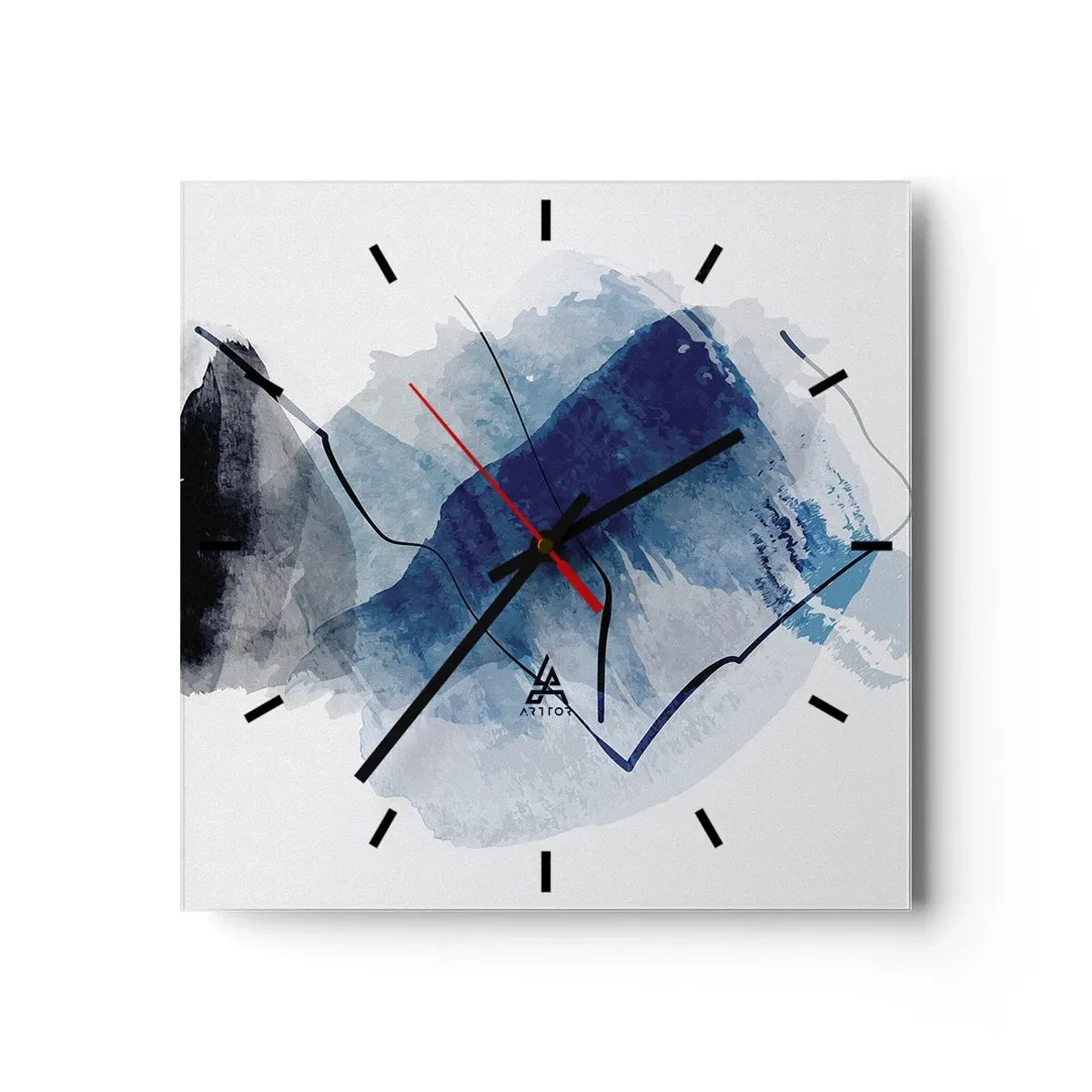 Reloj de pared - Reloj de vidrio - Formas abstractas en tonos azules con líneas delicadas. - 30x30cm - Montaña helada - Decoración de pared moderna para salón y dormitorio ARTTOR