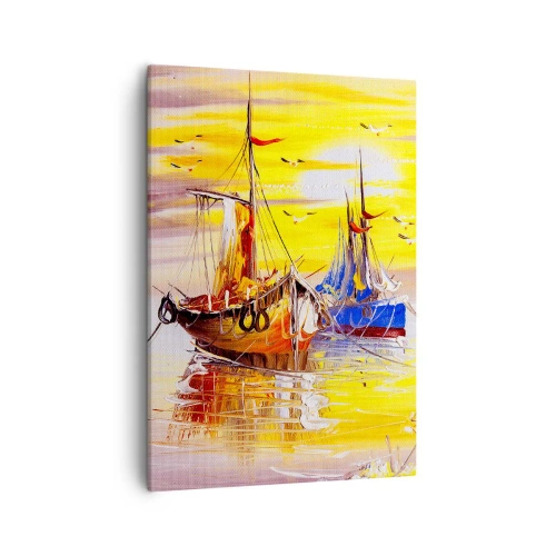 Cuadro sobre lienzo - Impresión de Imagen - Una escena pictórica de barcos en un mar en calma. - 50x70cm - Un merecido descanso en el puerto - Decoración de pared moderna para salón y dormitorio ARTTOR