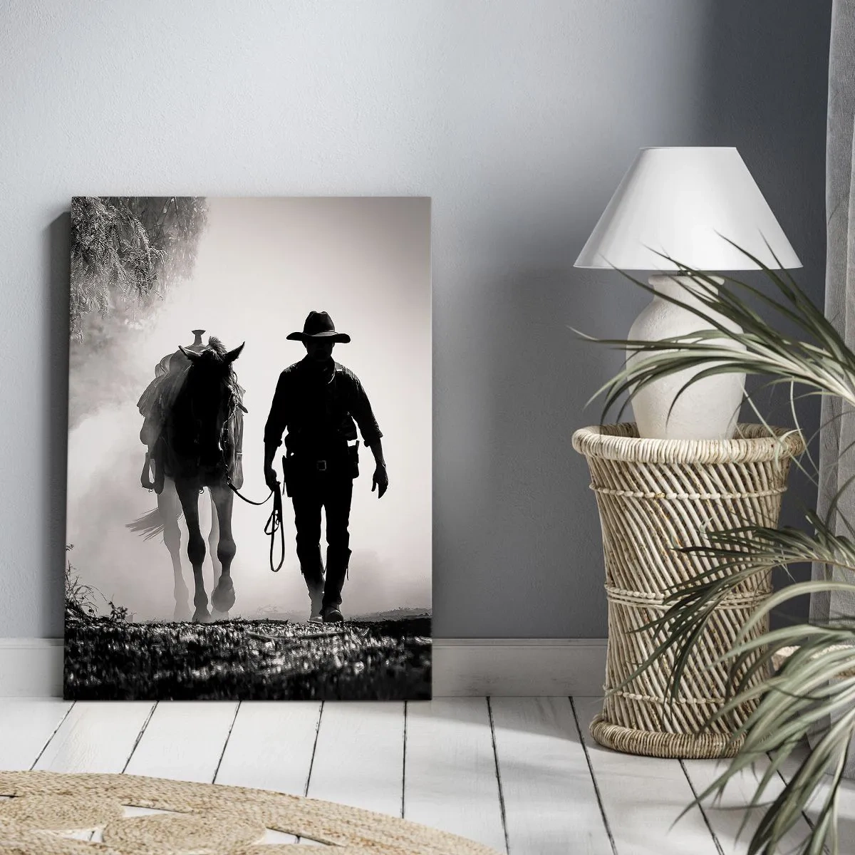 Cuadro sobre lienzo - Impresión de Imagen - Vaquero con caballo en la niebla de la mañana - 50x70cm - La mañana de Texas - Decoración de pared moderna para salón y dormitorio ARTTOR