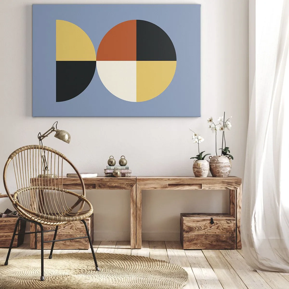 Cuadro sobre lienzo - Impresión de Imagen - Círculos geométricos sobre un fondo azul. - 70x50cm - Mira y cuenta - Decoración de pared moderna para salón y dormitorio ARTTOR