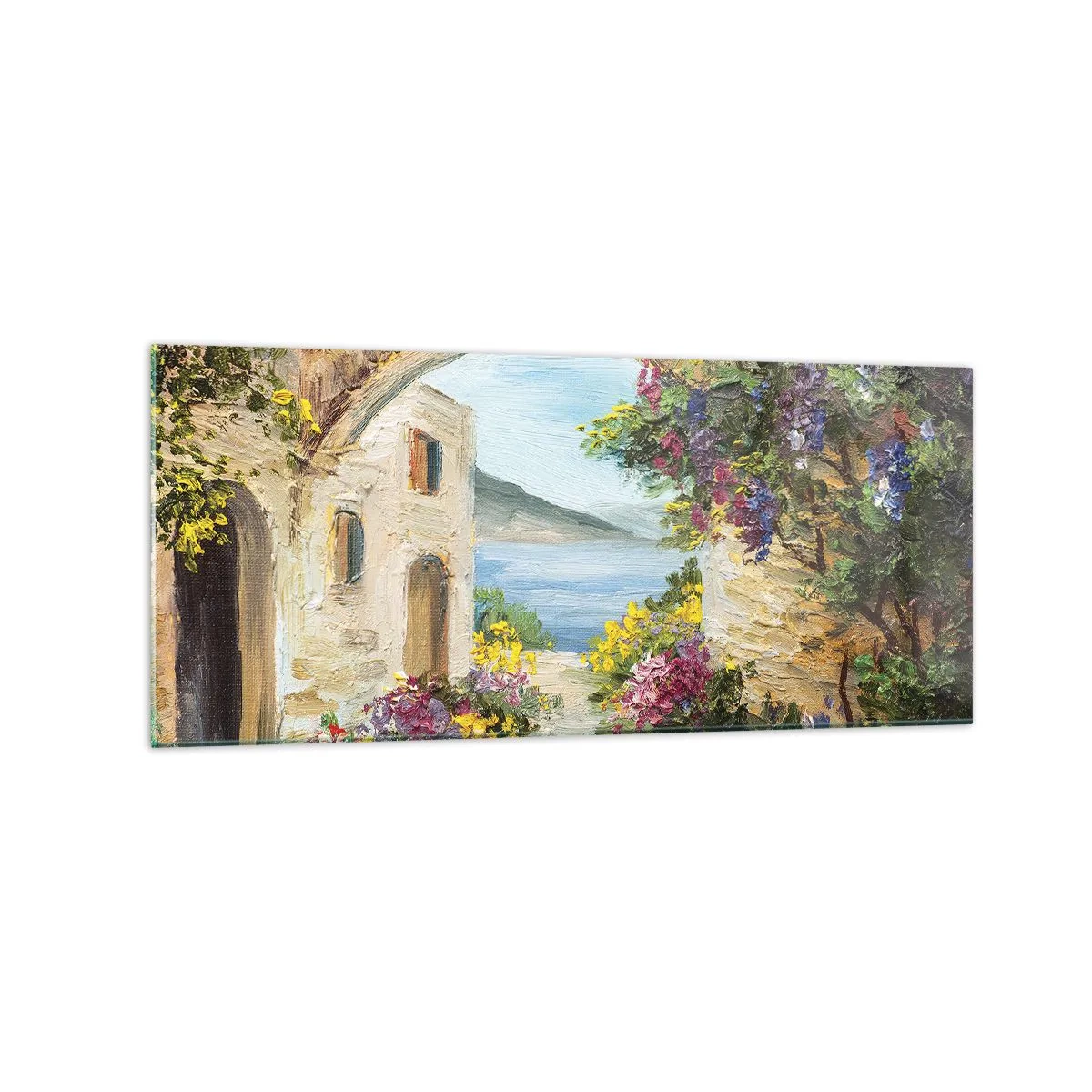 Cuadro sobre vidrio - Impresiones sobre Vidrio - Paisaje costero con edificios de piedra y flores. - 120x50cm - El encanto del paisaje costero - Decoración de pared moderna para salón y dormitorio ARTTOR