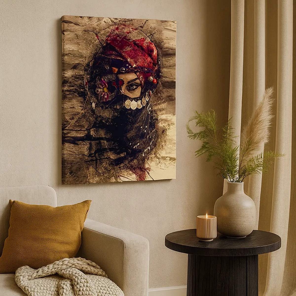 Cuadro sobre lienzo - Impresión de Imagen - Retrato artístico de una mujer con atuendo oriental sobre un fondo abstracto. - 50x70cm - Inquietante, como mínimo - Decoración de pared moderna para salón y dormitorio ARTTOR