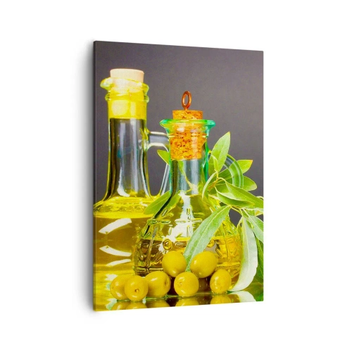 Cuadro sobre lienzo - Impresión de Imagen - Botellas de aceite de oliva y ramas de olivo - 50x70cm - Bodegón con aceitunas y aceite - Decoración de pared moderna para salón y dormitorio ARTTOR