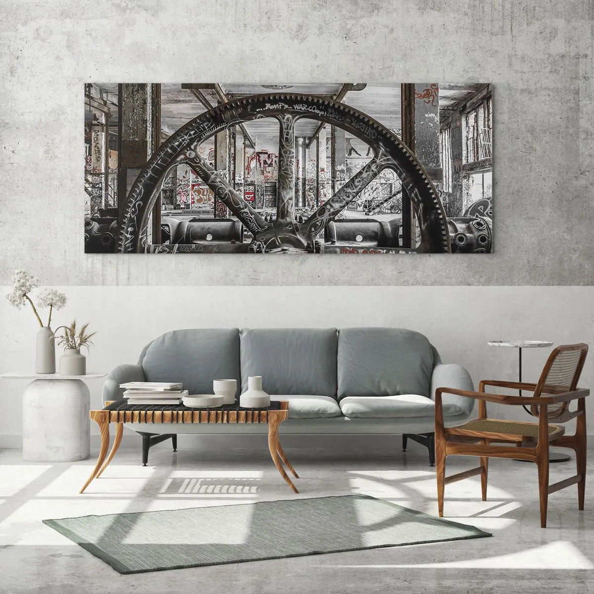 Cuadro sobre vidrio - Impresiones sobre Vidrio - Un antiguo mecanismo en un interior industrial abandonado. - 140x50cm - La vida secreta de una fábrica - Decoración de pared moderna para salón y dormitorio ARTTOR