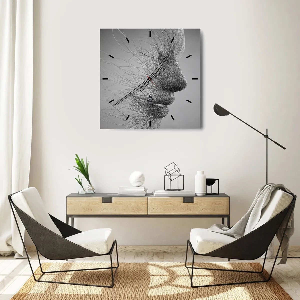 Reloj de pared - Reloj de vidrio - Perfil facial artístico creado con líneas delicadas. - 30x30cm - Espíritu del viento - Decoración de pared moderna para salón y dormitorio ARTTOR