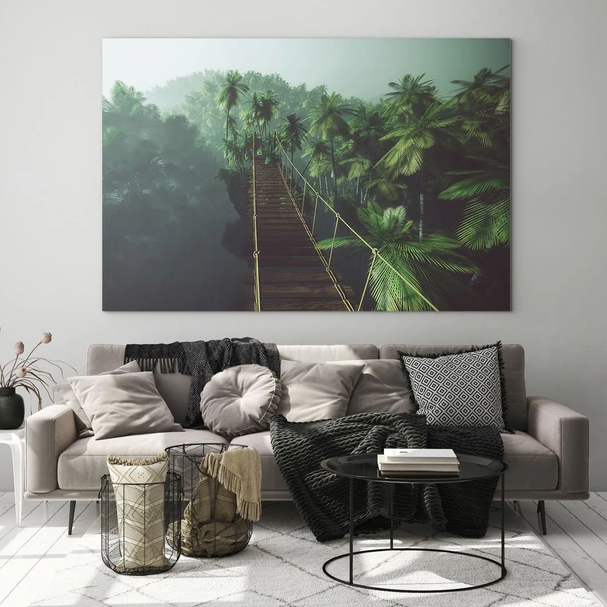 Cuadro sobre vidrio - Impresiones sobre Vidrio - Un puente de cuerda en la jungla rodeado de palmeras. - 70x50cm - Sobre un mar de verde - Decoración de pared moderna para salón y dormitorio ARTTOR