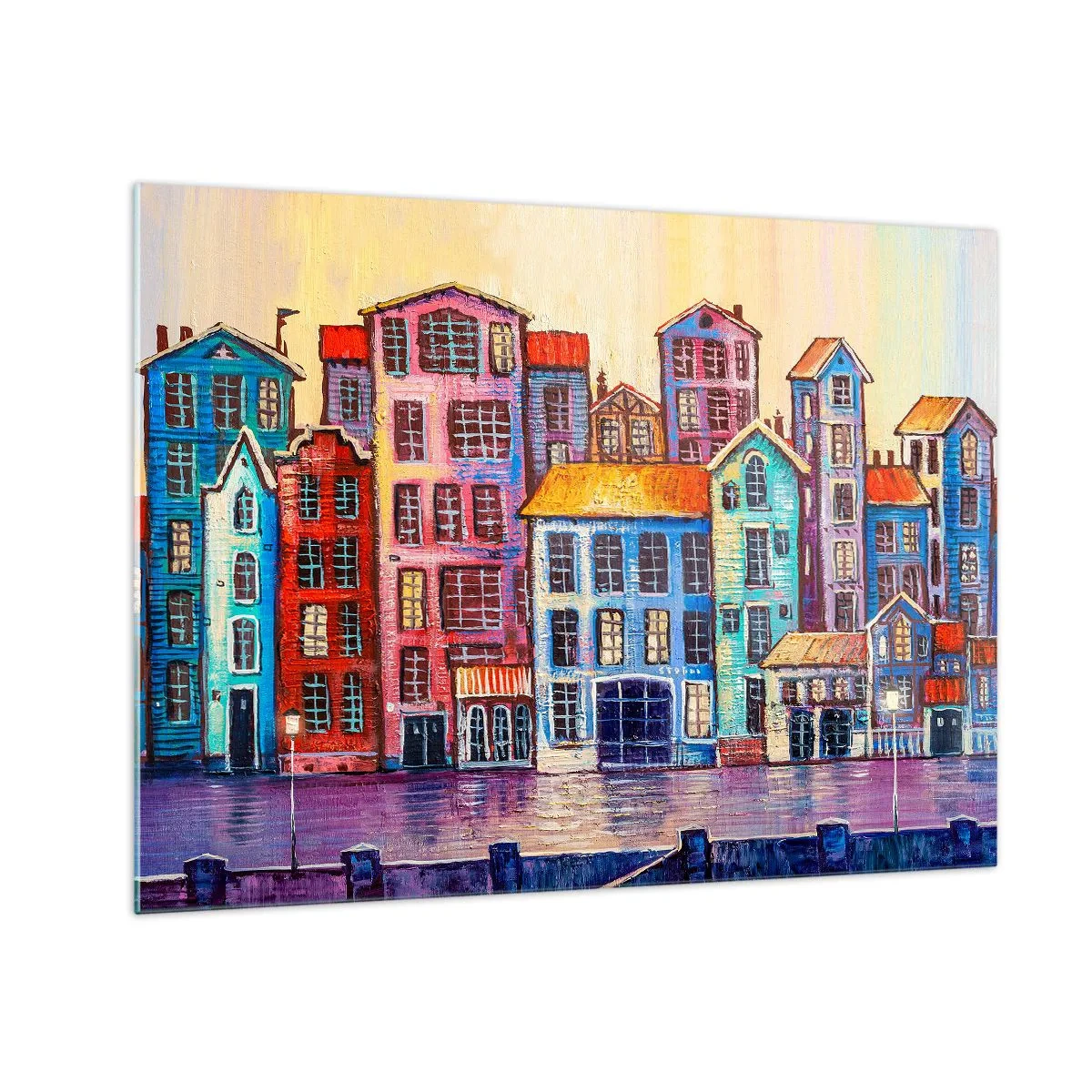 Cuadro sobre vidrio - Impresiones sobre Vidrio - Casas de vecindad coloridas reflejadas en el agua - 70x50cm - Una ciudad como un cuento de hadas - Decoración de pared moderna para salón y dormitorio ARTTOR
