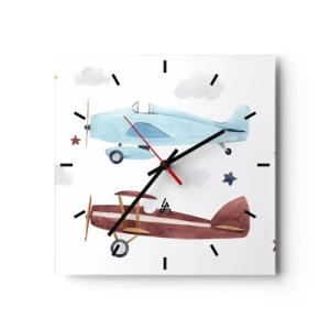 Reloj de pared - Reloj de vidrio - Aviones pintados a mano sobre un fondo de nubes y estrellas. - 30x30cm - ¡Piloto, estamos esperando! - Decoración de pared moderna para salón y dormitorio ARTTOR