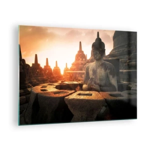 Cuadro sobre vidrio - Impresiones sobre Vidrio - Una estatua de Buda iluminada por el sol poniente en un antiguo complejo de templos. - 70x50cm - Tiempo de gran sabiduría - Decoración de pared moderna para salón y dormitorio ARTTOR